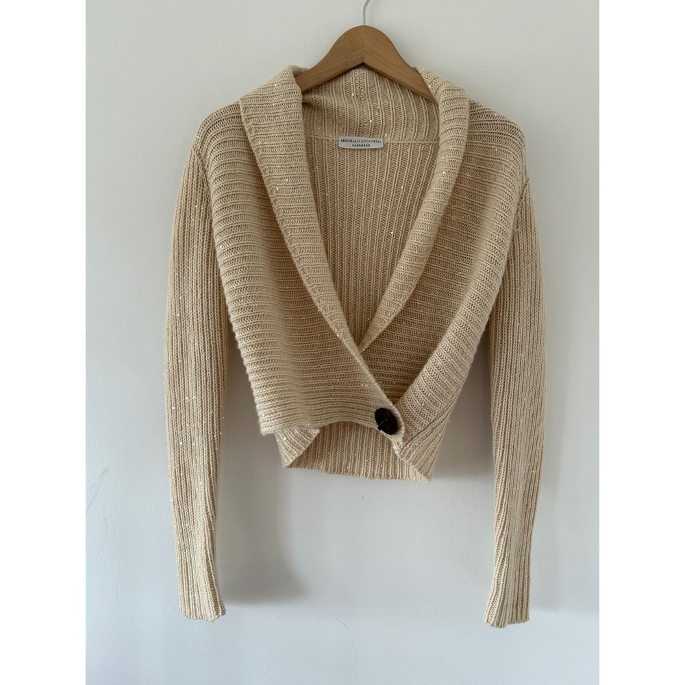 Brunello Cucinelli Cashmere Sequin Ribbed Wrap Cardigan Beige Cropped Sweater Sm